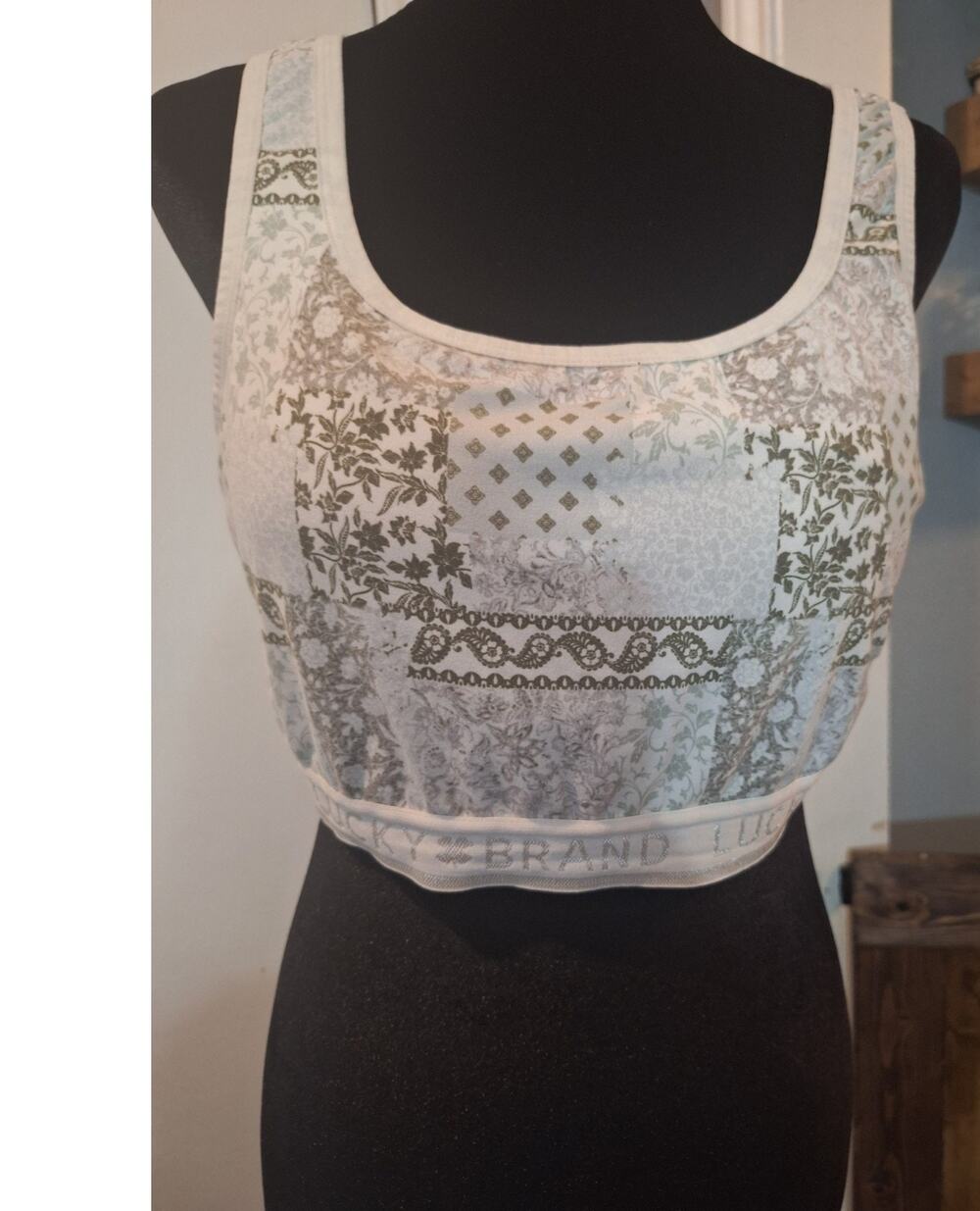 Lucky Brand Womens Sz 3XL Bralette White Sage Quilted Print Athletic